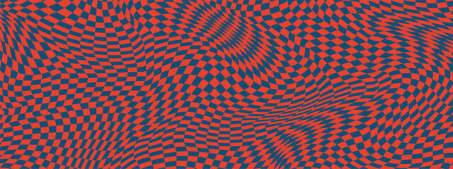 Naklejka na ściany i meble Y2K psychedelic checkerboard grid with wavy abstract patterns and 90s rave aesthetic. Trippy distorted squares in blue red for streetwear or swimwear designs. Futuristic 3D cyber illusions.