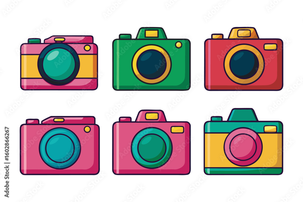 Poster a vibrant collection of six retro style cameras each featuring a unique color combination and a clas