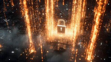 A futuristic digital lock surrounded by cascading golden data streams in a cybernetic landscape.