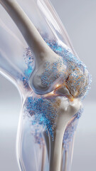 Obraz premium Detailed medical visualization of human knee joint, showcasing bone structure and surrounding tissues with focus on inflammation and joint health