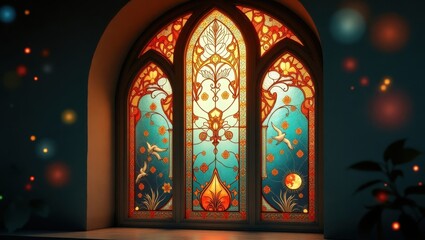 Obraz premium Ornate stained glass window design with intricate details.