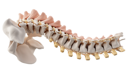 Detailed anatomical illustration of human spine, showcasing vertebrae and intervertebral discs in side view. image highlights curvature and structure of spine, emphasizing its complexity