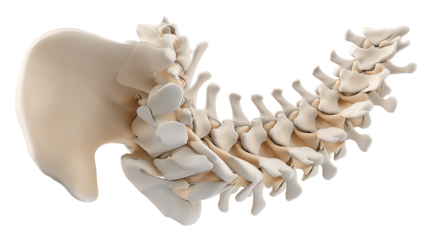 Anatomical side view illustration of human spine showing vertebrae structure and curvature. image highlights detailed bone anatomy, emphasizing natural curve and alignment