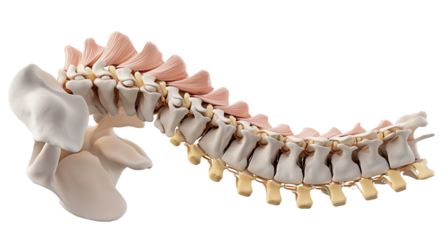 Detailed anatomical illustration of human spine, showcasing vertebrae and intervertebral discs in side view. image highlights curvature and structure of spine, emphasizing its complexity