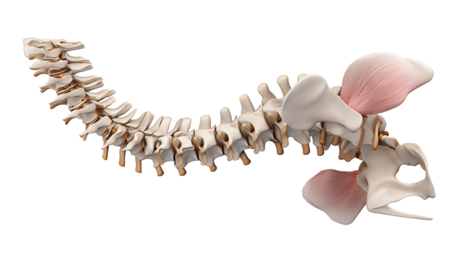 Detailed anatomical side view illustration of human spine, showcasing vertebrae and muscles, highlighting complexity and structure of skeletal system