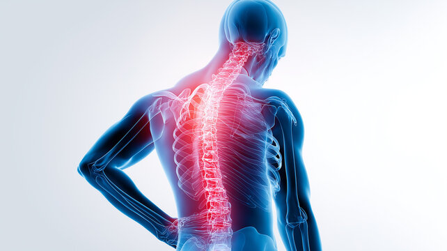 Digital illustration of human body highlighting back pain, showing spine in red to indicate discomfort. image focuses on skeletal structure and muscular system, emphasizing affected area