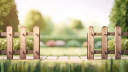 The garden in the back is blurred, the front is wood.