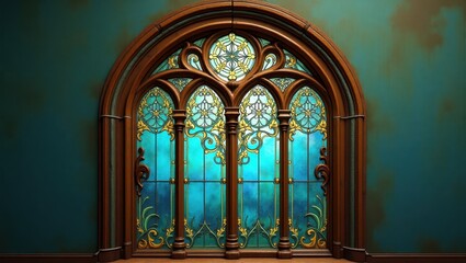 Obraz premium Ornate stained glass window in an arched wooden frame.
