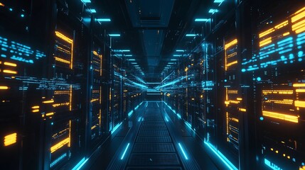 Cybernetic Core: Data Center Infrastructure with Glowing Elements and Dark Ambiance