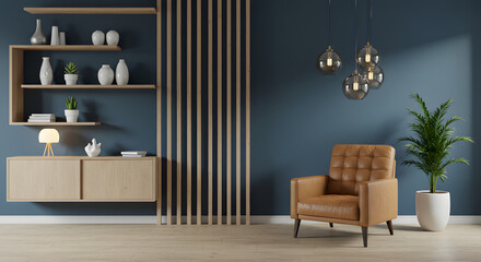 Interior of a modern living room featuring a tan leather chair and a wooden shelf with decor