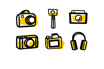 A charming hand drawn collection of photography and audio equipment icons featuring cameras and headphones with a yellow and black color scheme