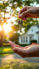 Real estate agent holds shiny house key with suburban home blurred warmly behind.