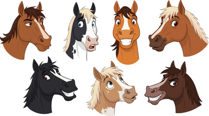 Funny cartoon horse heads collection with expressive faces, vector illustration, smiling animals, colorful design, cute character set for kids © Creative Asif