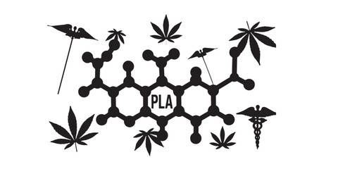 Black and white image featuring a pla molecule surrounded by cannabis leaves and a caduceus symbol