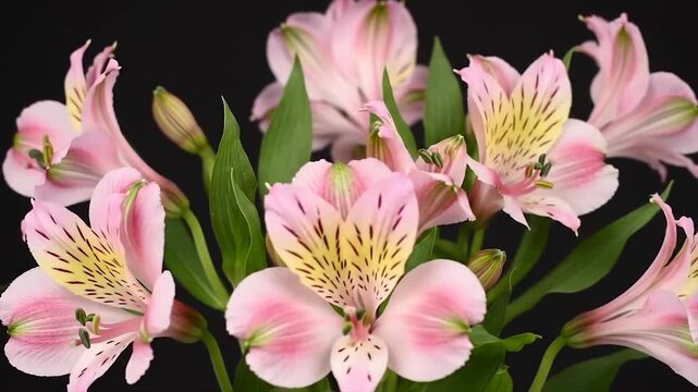 Pink and white Alstroemeria bouquet. Black background with delicate floral arrangement. Peruvian lilies with dark speckles.