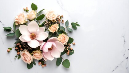 Delicate pastel flowers on a light marble surface