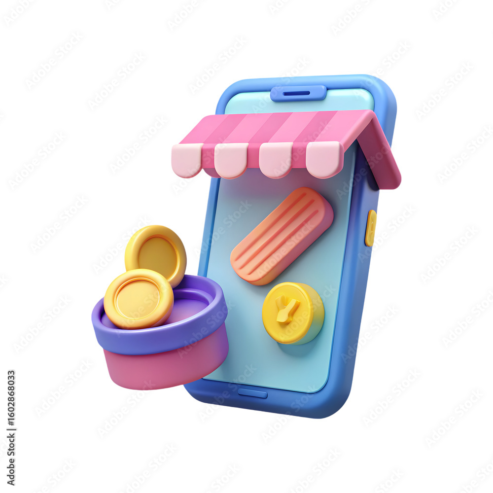 Aufkleber 3d rendering of a mobile phone with a shop awning and coins isolated on transparent background