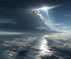 the image shows a sky view with dramatic light and cloud formations. a band of thick, lower level clouds creates a horizon, partially obscuring the view