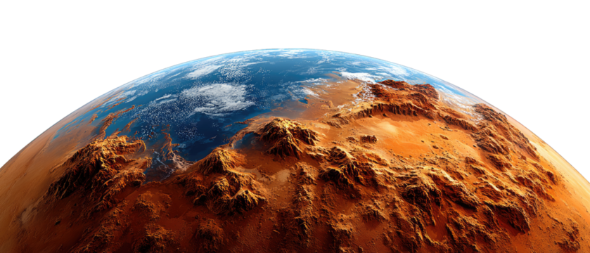 Red Planet: A breathtaking, photorealistic depiction of Mars, featuring rugged terrain and a stunning atmospheric perspective.