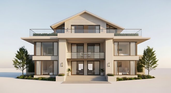 Two Story Modern House Exterior with Balcony and Landscaping