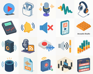 Isometric Detail Media Sound Design Element Icon Set Illustration
