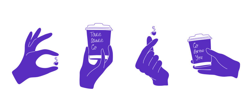 Set of hands with coffee cups. Hand gestures with hot drink and coffee to go. Minimalist art for coffee shop and cafe. Hand drawn illustration.