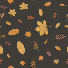 Obraz premium Seamless autumn harvest pattern with yellow anf orange fall leaves on the deep grey background. Vector oak leaf, rowan, maple, aspen, branch.