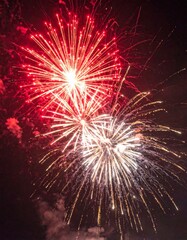 Fototapeta premium Vibrant Red and White Fireworks Exploding in Dark Night Sky Celebration