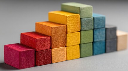 Stack of colored wooden blocks representing agile growth framework and flexibility in an innovative workspace