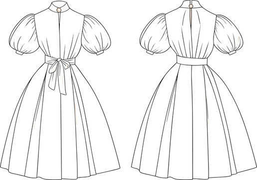 Elegant puff sleeve midi dress flat sketch, tied bow belt, high neck, technical fashion illustration for design and pattern making