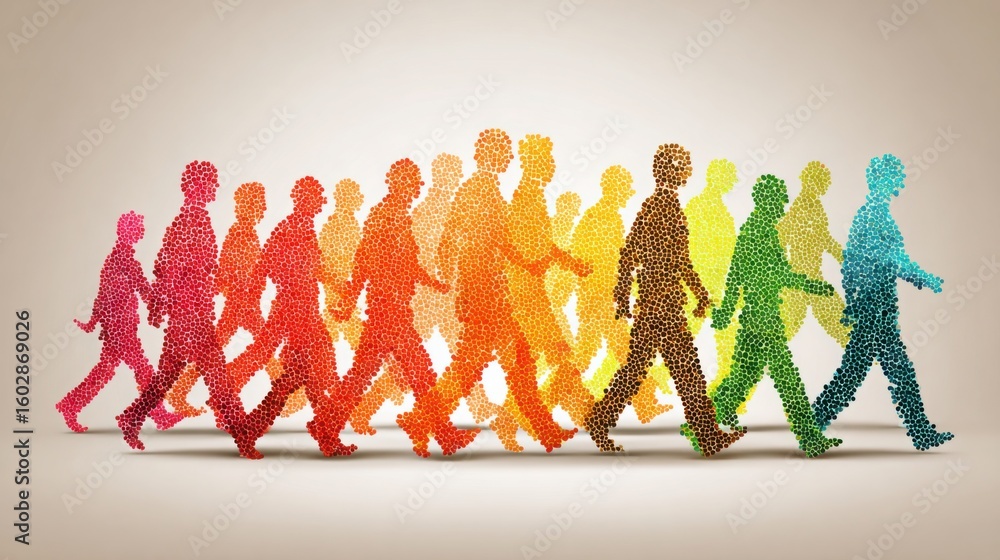 Poster group of individuals walking in a line depicting agile team trajectory with dynamic pathway for coll
