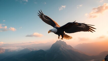 Fototapeta premium A close-up of a bald eagle mid-flight with wings spread wide