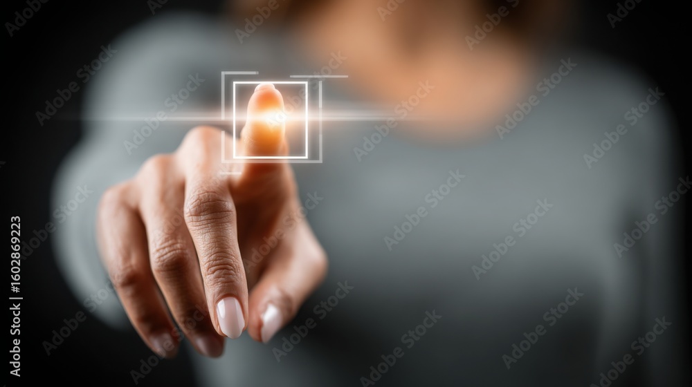 Poster individual touching a button on a modern interface display representing user interaction with advanc