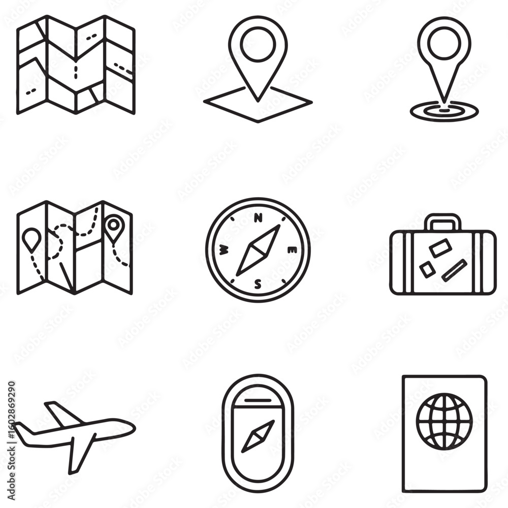 Aufkleber simple line art travel icons illustrating concepts of navigation and exploration