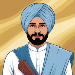 Sikh religion cartoon illustration of a bearded man with glasses and a hat