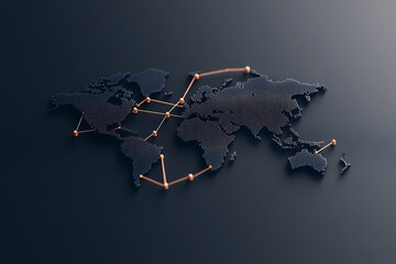 Global Network: A stylized world map with connected points, symbolizing international connections and communication on a dark surface.