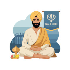Sikh religion cartoon vector drawing of a flat character meditating in a temple