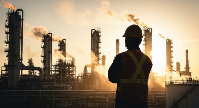 Fusion of an oil operators silhouette and complex refinery infrastructure.