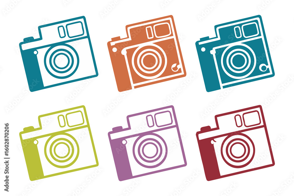 Poster six retro style cameras in vibrant colors arranged in two rows on a white background