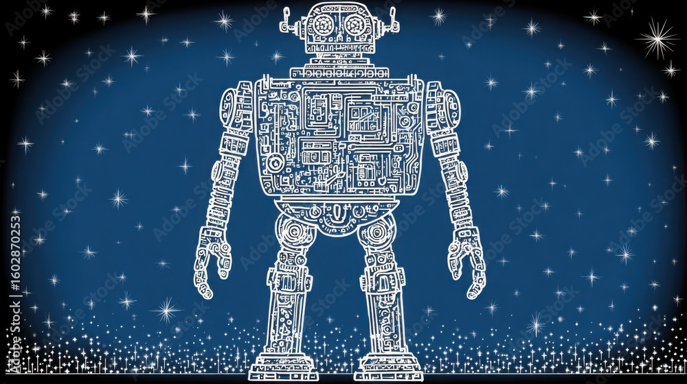 Poster robot standing in front of a starry background emphasizing the connection between robotics and auton