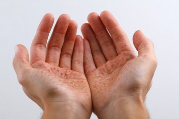 Human Hands with Painful Rash, Red Spots Blisters on the Skin. Health Problem. Monkeypox Disease Symptoms. Male Patient Arms with Monkey Pox. Close Up. Dengue Fever Infection, MPOX. Herpes, Pox Virus