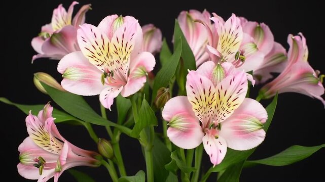 Pink and white Alstroemeria bouquet on black. Peruvian lilies with dark speckles. High-resolution floral close-up with green leaves.