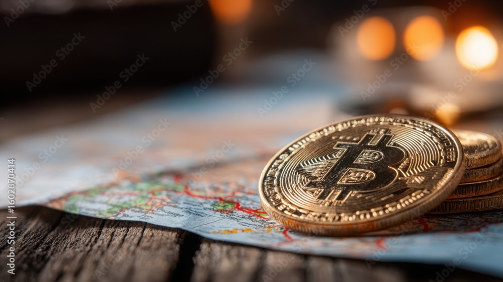 Poster a bitcoin coin positioned on a map illustrating the concept of bitcoin quantum integrity grid and gl