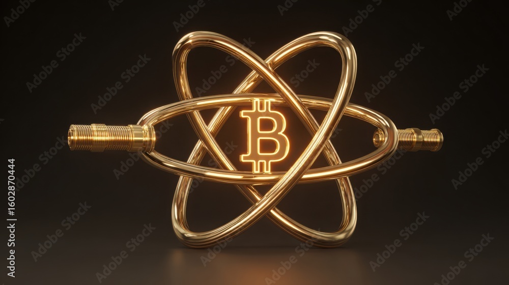 Poster a golden atom with the letter b in the center representing the bitcoin quantum key exchange conceptu