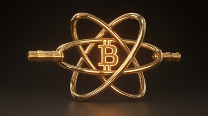 A golden atom with the letter b in the center representing the bitcoin quantum key exchange conceptualization