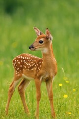 Fawn in the Field: A young fawn with a delicate spotted coat stands alert in a field, its gentle gaze conveying innocence and the wonder of nature.