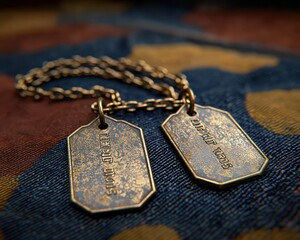 Two antique-style dog tags on a chain, resting on a camouflage fabric