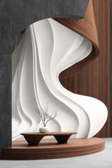 Abstract interior design featuring a flowing white sculptural element within a curved wooden and dark grey architectural frame, complemented by a minimalist plant arrangement on a low table