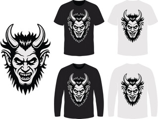 Evil demon face illustration, gothic devil head vector, aggressive monster art for dark t-shirt design, horror apparel collection mockup