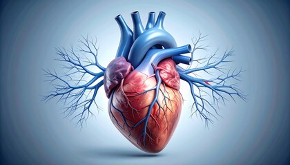 Realistic 3D Illustration of Human Heart and Circulatory System with Glowing Veins